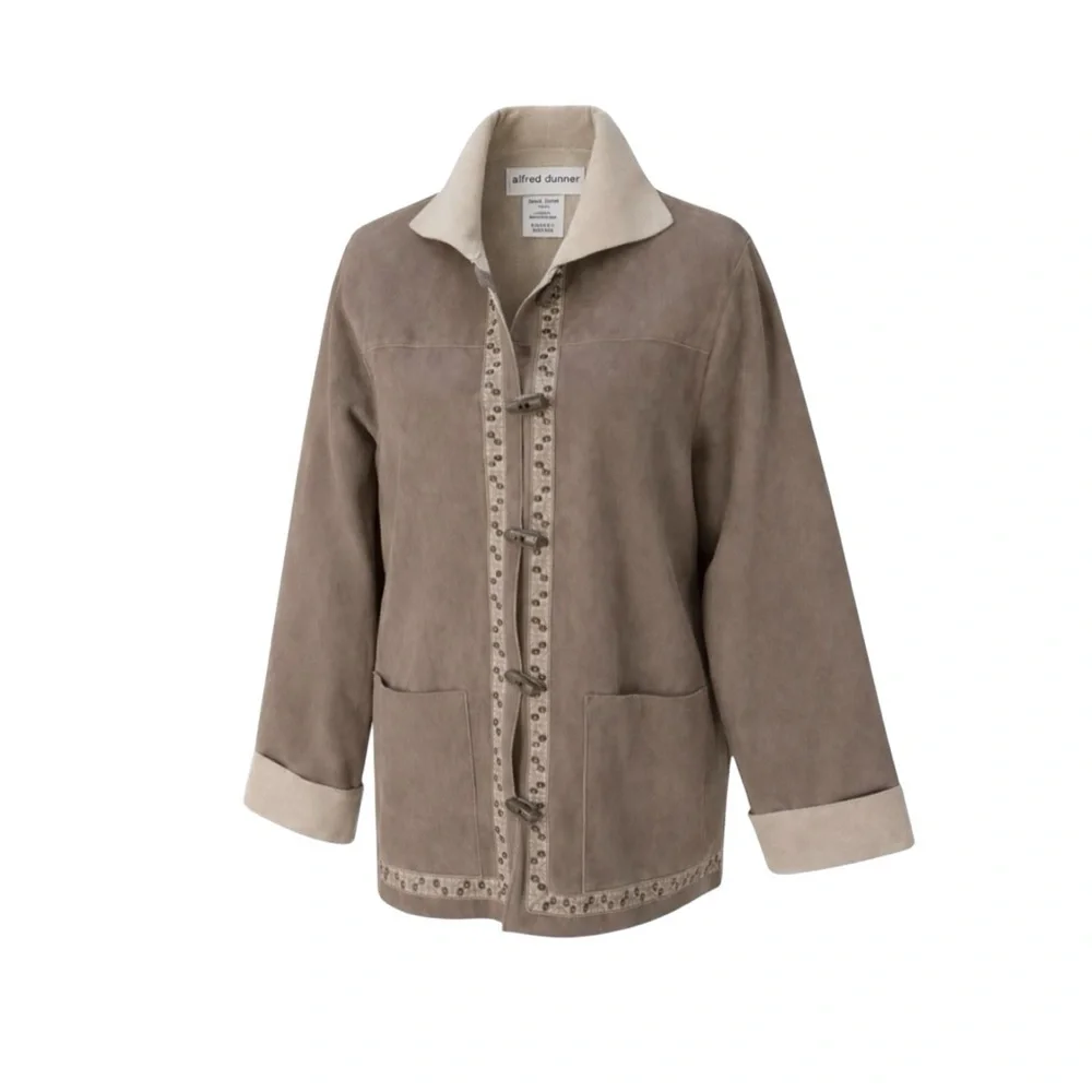Alfred Dunner Womens Faux Suede Jacket Brown Embroidered Cottagecore Size 12